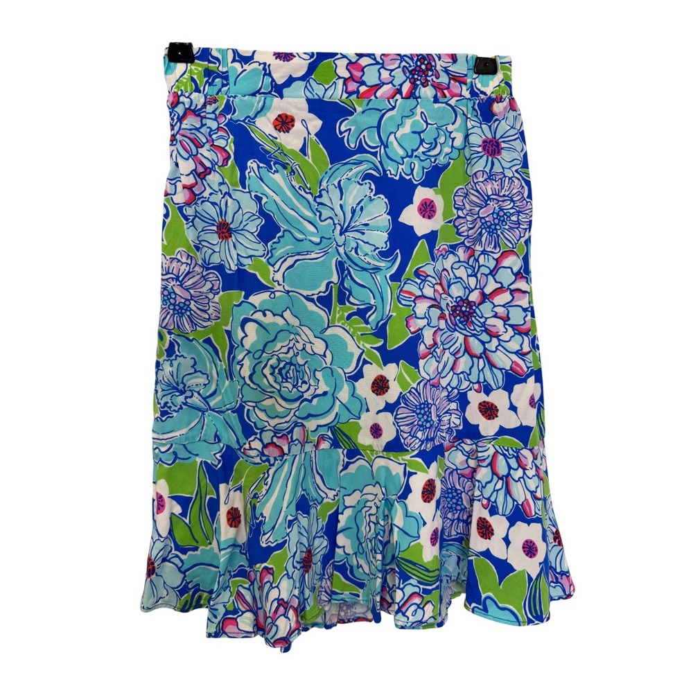 Lilly Pulitzer Womens Floral Ruffle Hem Mini Skirt Blue Green Pink Size Small